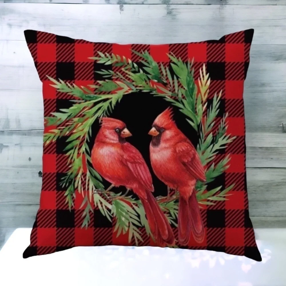 Pillow Cover Bird Cardinal Christmas Holiday Buffalo Check Plaid Square 17.5 in
